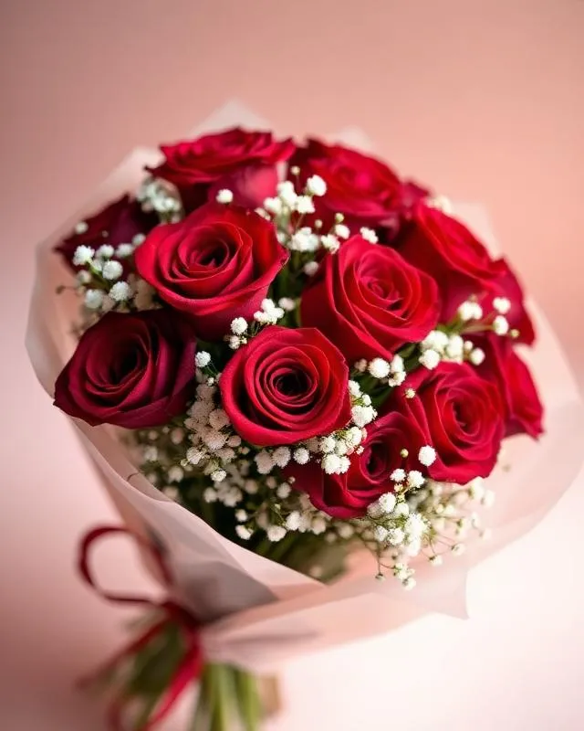 Deep Passion bouquet of classic red roses and baby's breath for romantic delivery in Hong Kong