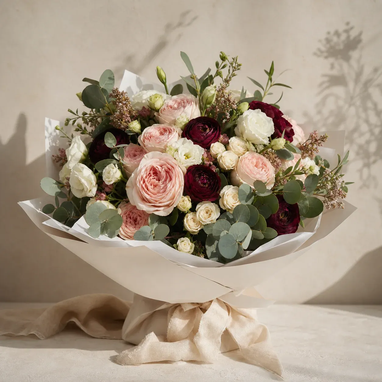 Hand-tied romantic bouquet of blush, cream, and burgundy flowers
