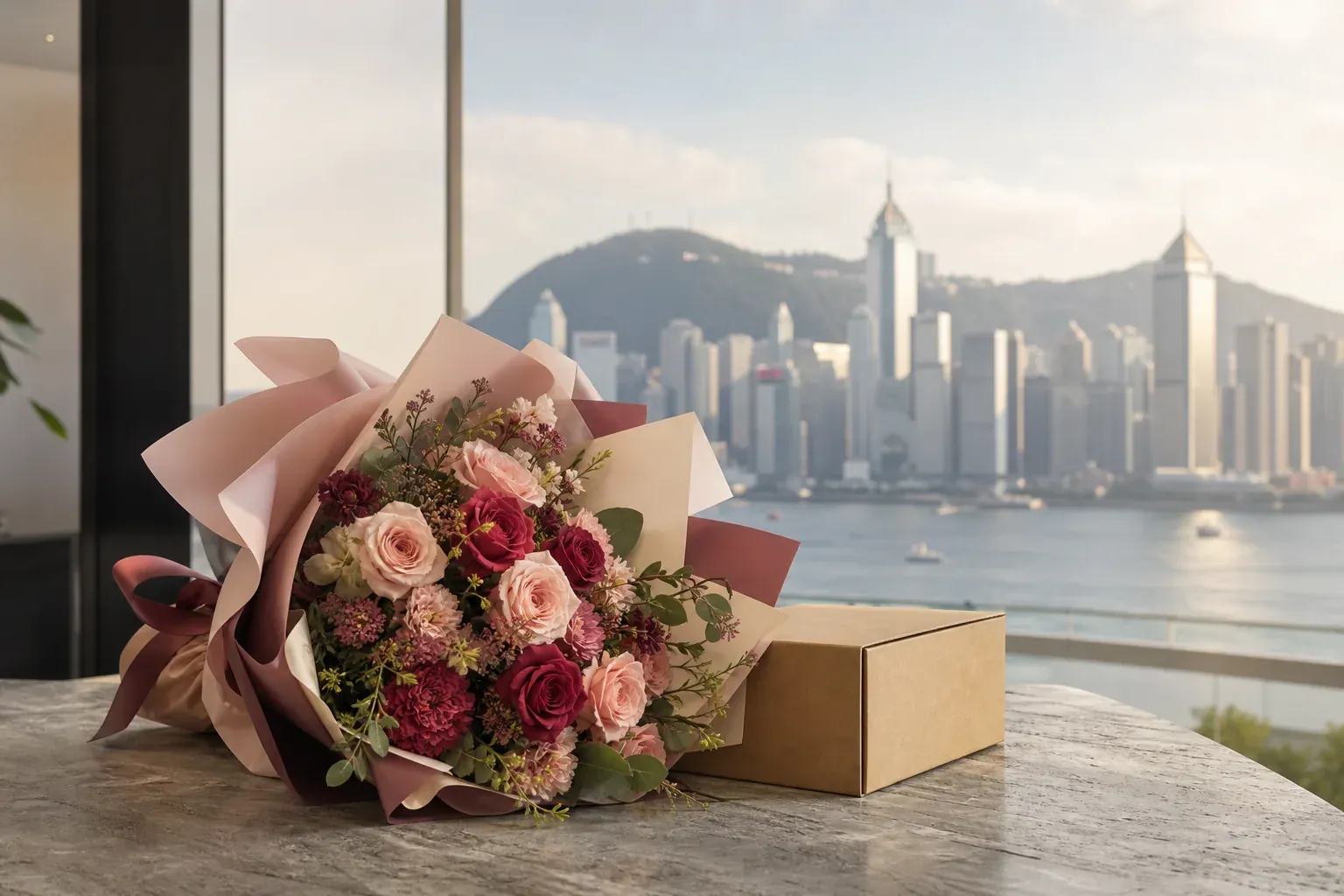 Romantic bouquet ready for delivery with Hong Kong harbour beyond