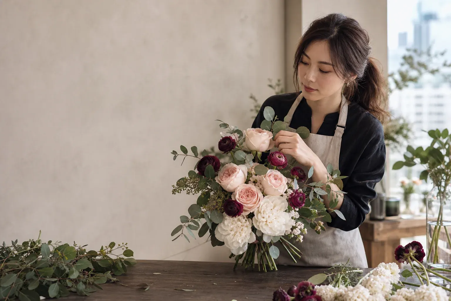 Hong Kong florist arranging blush roses, cream peonies, and burgundy ranunculus